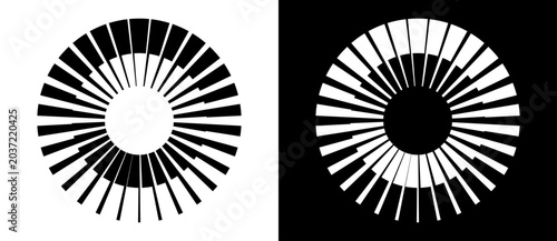 Circular radial bar chart with stepped variable-height sectors forming a ring around an open center on white and black backgrounds, monochrome vector data visualization icon set.