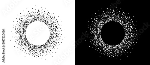 Cuadro en lienzo Uniform scattered dot ring with dots densely packed near the inner edge and dispersing outward on white and black backgrounds, monochrome generative vector icon set