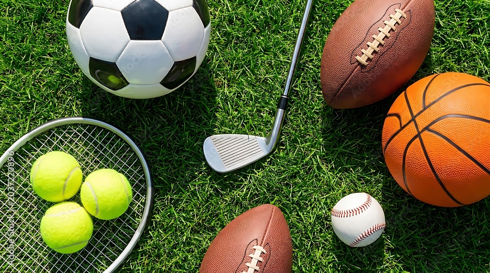 Obraz premium A collection of various sports balls and equipment arranged on a lush green grass field.