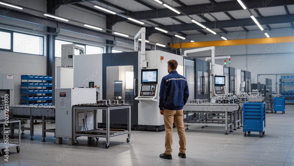 Fototapeta premium Automated Production Line, ​Robotic Factory Supervision, ​Industrial Machinery Control, ​Modern Manufacturing Facility, ​Engineering Process Monitoring, ​Advanced Industrial Automation, 