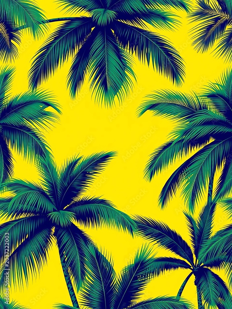 Fototapeta premium Vintage palm tree pattern with a tropical twist, featuring lush green fronds and a warm sunny yellow background, exotic, botanical