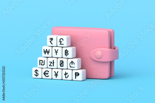 Multi-currency wallet. Global financial exchange concept. International money transfer. Global trading. Successful investment portfolio. Different currency symbols on cubes. 3d render