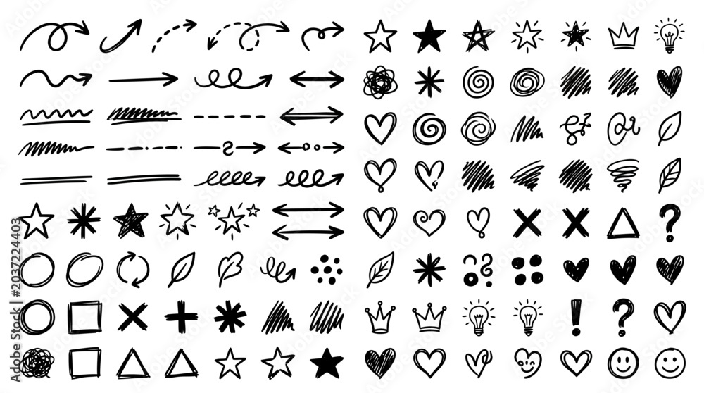 Naklejka premium Abstract Hand-Drawn Design Elements Arrows, Stars, Hearts, and Shapes