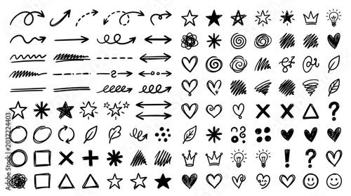 Cuadro en lienzo Abstract Hand-Drawn Design Elements Arrows, Stars, Hearts, and Shapes