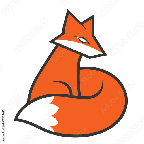 Minimalist vector illustration of a sitting orange fox mascot logo.