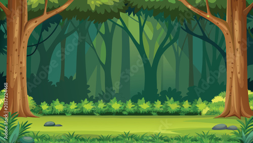 Photos Cartoon style forest scene with lush green foliage and trees