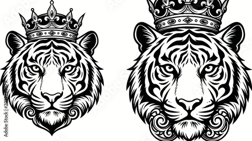 Tableau sur toile Two Regal Tiger Heads Wearing Royal Crowns in Black and White, isolated white background
