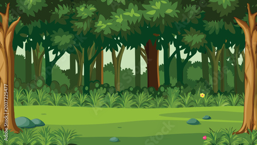 Photos Lush forest scene with green foliage and grassy ground