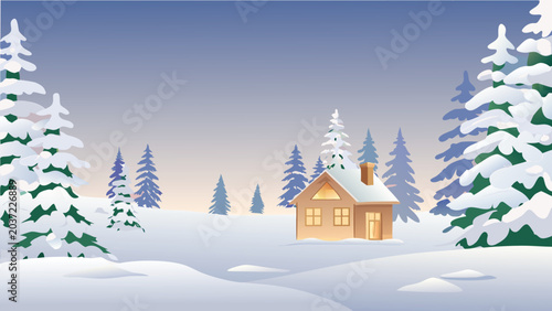 Valokuva Winter scene with cabin and snow covered evergreen trees illustration
