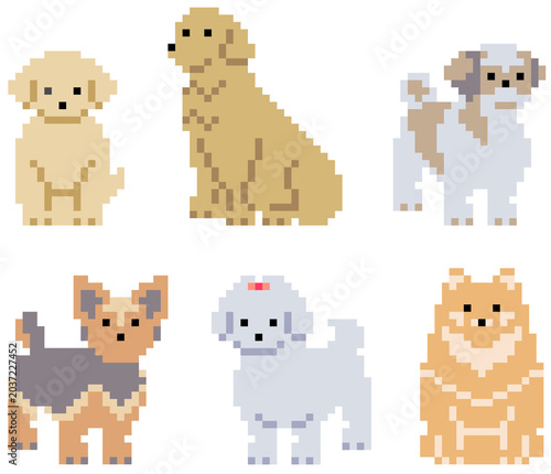 ドットで描かれた可愛い犬のイラストセット