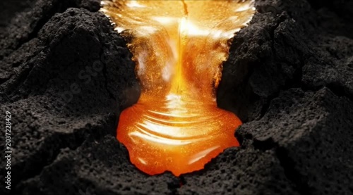 Molten lava flows through dark rocky terrain in a natural volcanic landscape