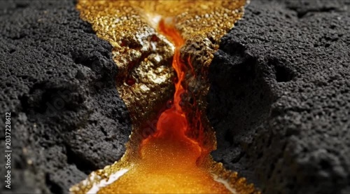 Molten lava flows through a dark volcanic rock formation