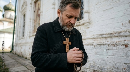 A pensive elderly monk holds a wooden cross in front of an ancient Orthodox church and prays. He is dressed in black. He serves God. He is a novice at the monastery.
