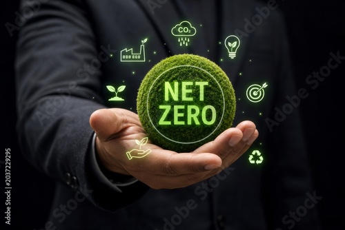 Hand holding a green mossy sphere with 'net zero' text surrounded by environmental icons, representing sustainability and carbon neutrality goals.