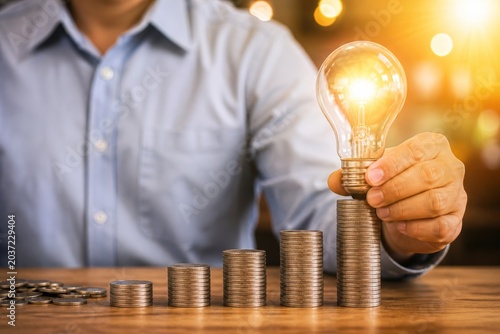 Man holds a glowing lightbulb over stacks of coins, representing a bright idea that can lead to financial growth and innovation.