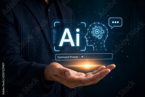 Man holds artificial intelligence technology in his open palm, showcasing its potential and impact on the future.