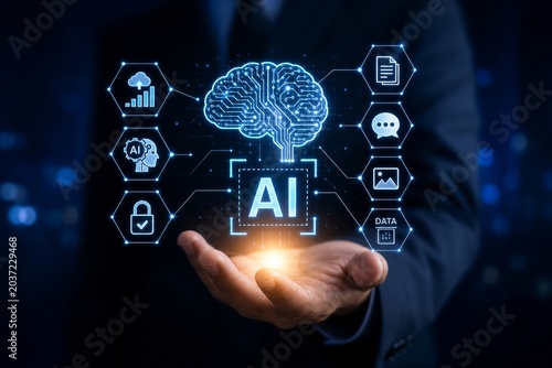Man presents a glowing digital brain icon with 'ai' inside, surrounded by connected hexagonal icons representing artificial intelligence services.
