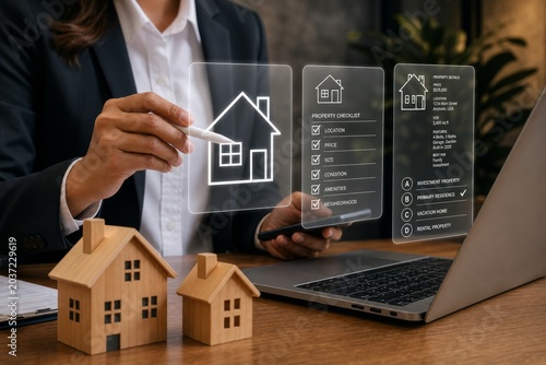 Person interacts with a holographic display showing house icons and property information, surrounded by miniature wooden houses and a laptop.