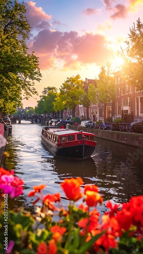 Canal boat sailing through Amsterdam flowers.