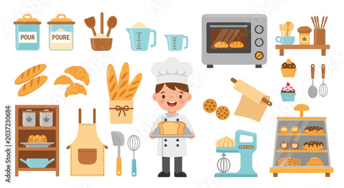 A happy young baker holding a freshly baked cake, surrounded by baking tools and delicious pastries.
