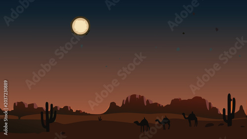 Cuadro en lienzo Desert landscape with camels and moon vector illustration style