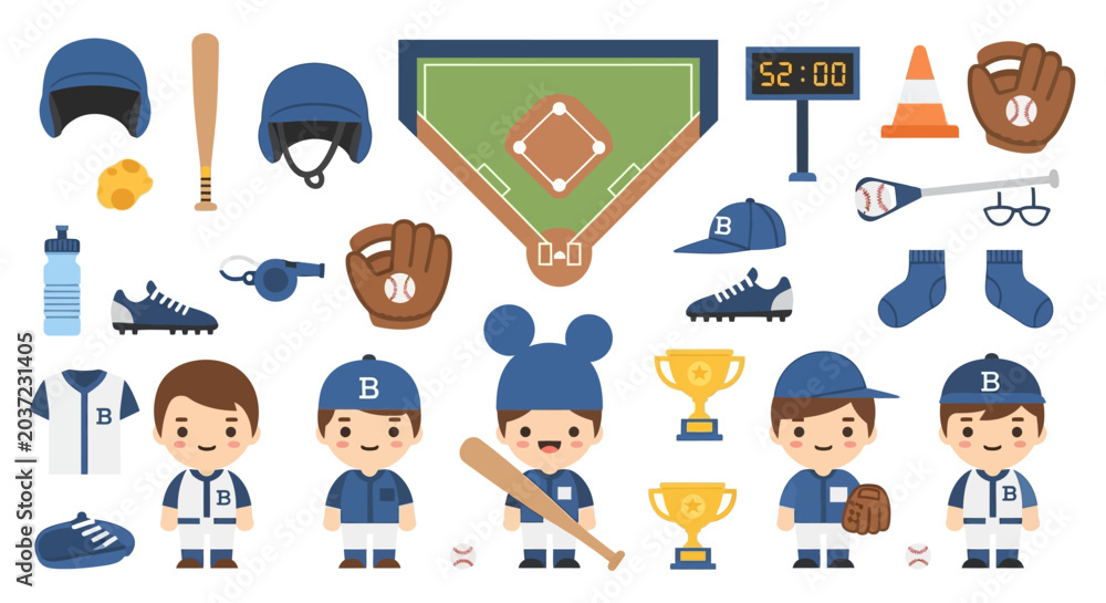 Fototapeta premium Collection of Baseball Equipment and Cute Cartoon Baseball Players.