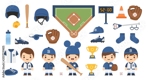 Tableau sur toile Collection of Baseball Equipment and Cute Cartoon Baseball Players