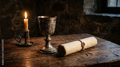 Medieval Silver Chalice with Sealed Scroll and Lit Candle on Table