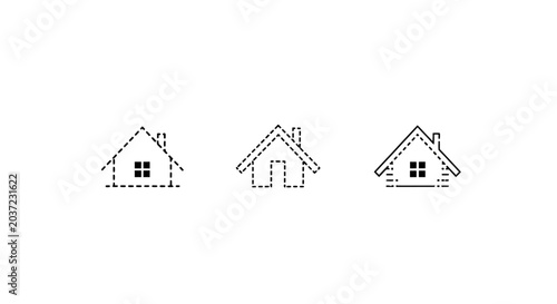 Three minimalist dotted line house icons set.