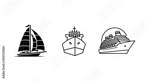 Three Distinct Types of Black and White Ships Illustration.