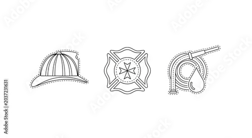 Detailed Line Drawing of Firefighter Symbols and Equipment.