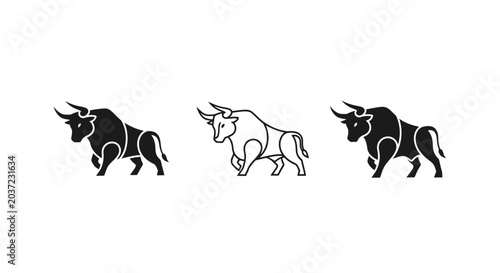 Three bulls running in different illustration styles.