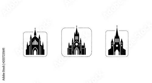Three Gothic Cathedral Silhouettes in Minimalist Icons Style.