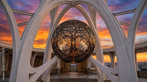 Golden Tree of Life sculpture in white pavilion against sunset sky