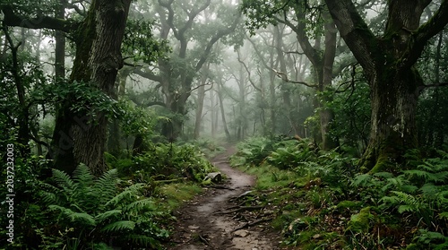 Mystical Path Through Ancient Foggy Forest with Mossy Trees and Ferns