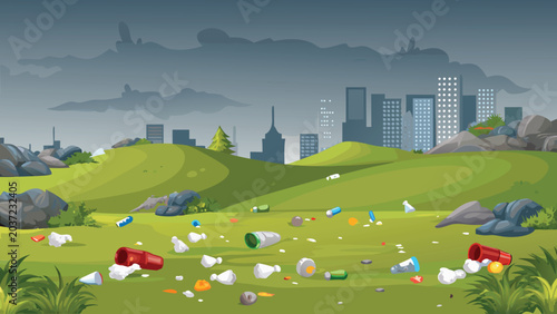 Fotografija Polluted cityscape with scattered waste vector illustration style