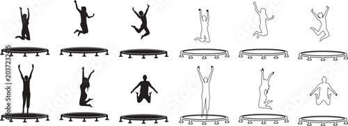 Trampoline Jumpers Silhouette: A collection of dynamic silhouettes of people jumping on trampolines, showcasing various poses of aerial fun and athletic movement.transparent background