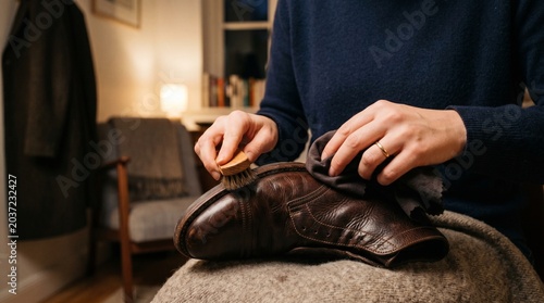 Man shining shoes with brush and cloth in cozy indoor setting  
