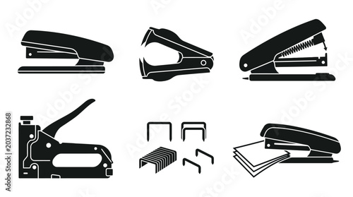 Silhouette collection of stapling tools including office stapler, remover, staple gun, loose staples, and paper stapling action icons.