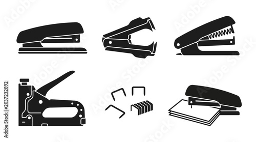 Silhouette collection of stapling tools including office stapler, remover, staple gun, loose staples, and paper stapling action icons.