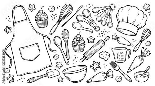 Playful black‑and‑white baking doodles featuring apron, chef hat, whisk, rolling pin, cupcakes, cookies, piping bags, stars, utensils, kitchen tools.
