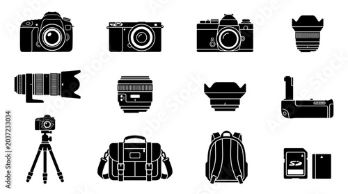 Black silhouette collection of diverse photography gear including cameras, lenses, tripod, flash, and bag, symbolizing essential tools for photographers.