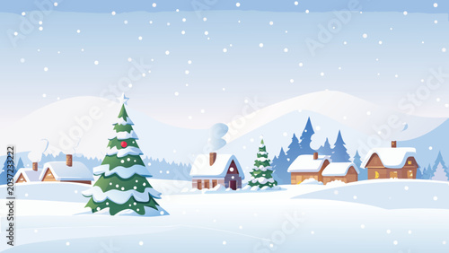 Картината върху платно Winter village scene with snow covered houses and fir trees