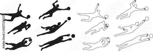 Photos Football Goalie Silhouette: A collection of stylized silhouettes and line art depicting a football goalkeeper in various dynamic diving poses, reaching for the ball