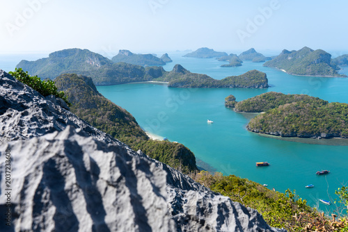 Beautiful tropical island with giant granite rock formations on the beach, crystal clear turquoise water