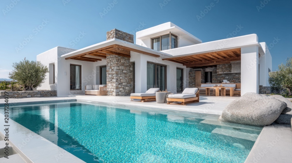 Fototapeta premium Luxury villa with a swimming pool and outdoor seating area on a sunny day