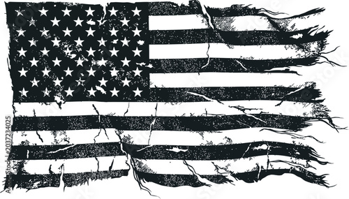 Distressed American flag graphic with torn stripes and weathered texture in monochrome.