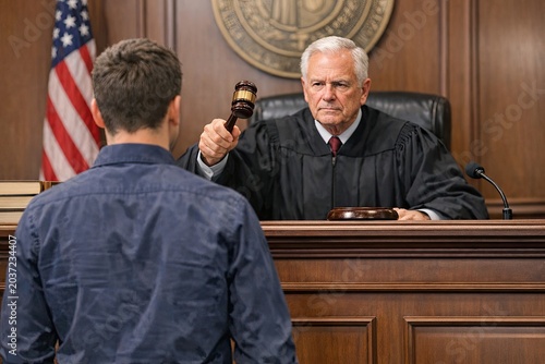 A judge holds a gavel in a court setting, ready to preside over a case