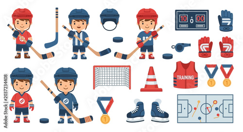Photography Ice Hockey Players and Equipment Set for Sports Game.
