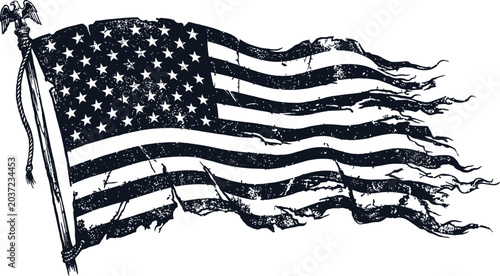 Bild auf Leinwand Distressed American flag illustration with torn, weathered stripes and fluttering stars